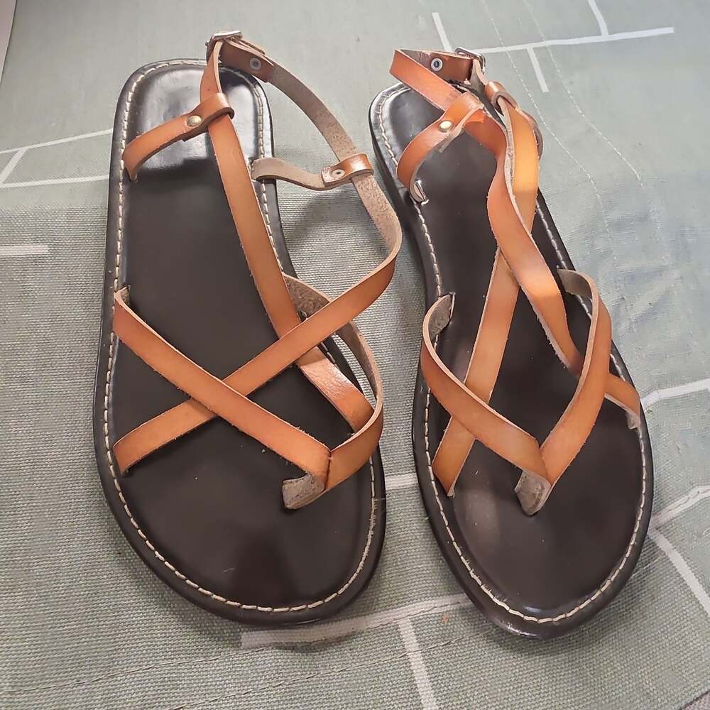 Women's Tan Leather Strappy Flat Sandals with Ankle Buckle